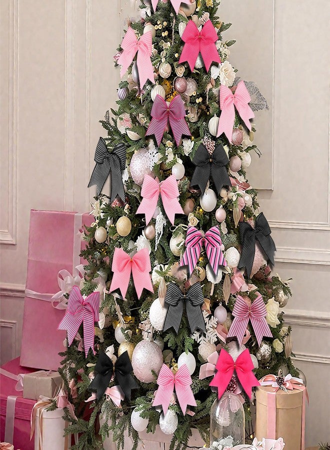 Suncalla 12pcs Christmas Bow Ornaments 5.9 Inch Large Bow for Christmas Pink Mouse Theme Decoration for Xmas Tree Wreath, Garland, Gift Wrapping Tree Black and Pink Dot Stripe Ribbon for Holiday Party - Image 5